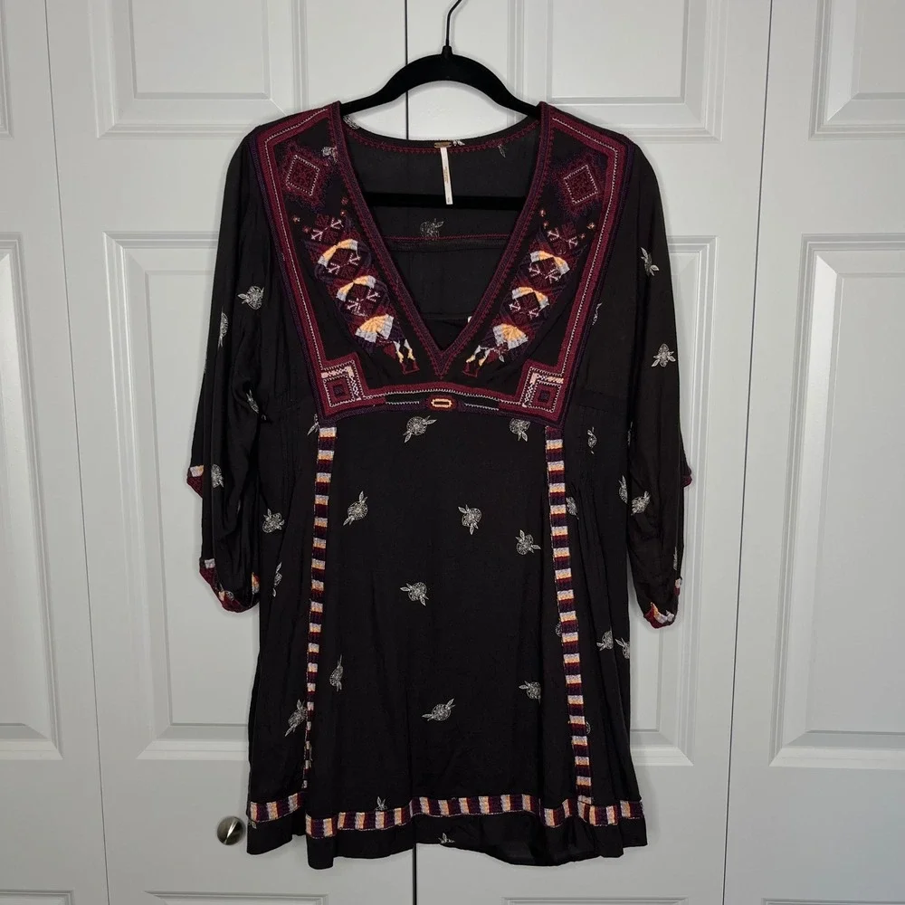 Free People Pavlo Mini Dress Small Black Embroidered Bell Sleeve Boho